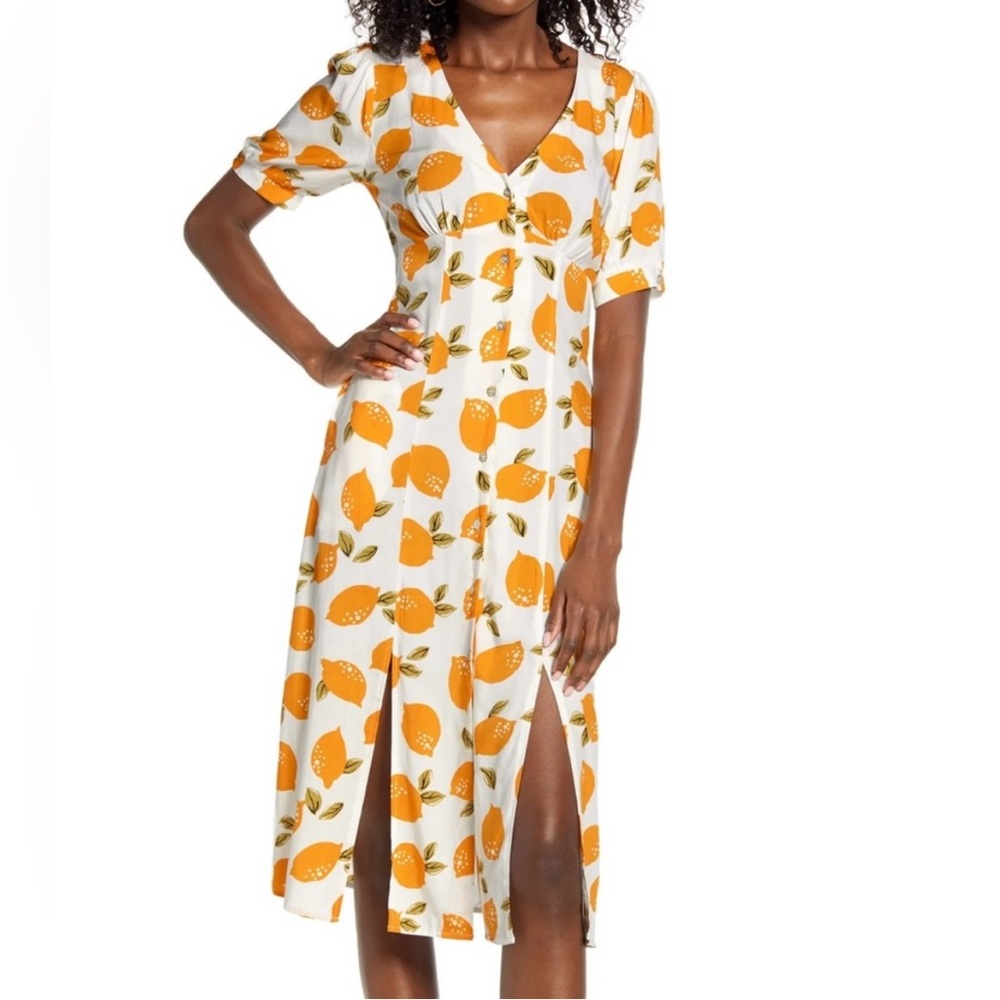 CODE x MODE Lemon novelty print Midi button dress babydoll puff short sleeve